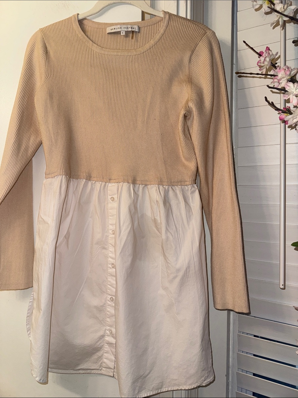 English Factory Beige and White Two-Tone Knit Bodice Dress